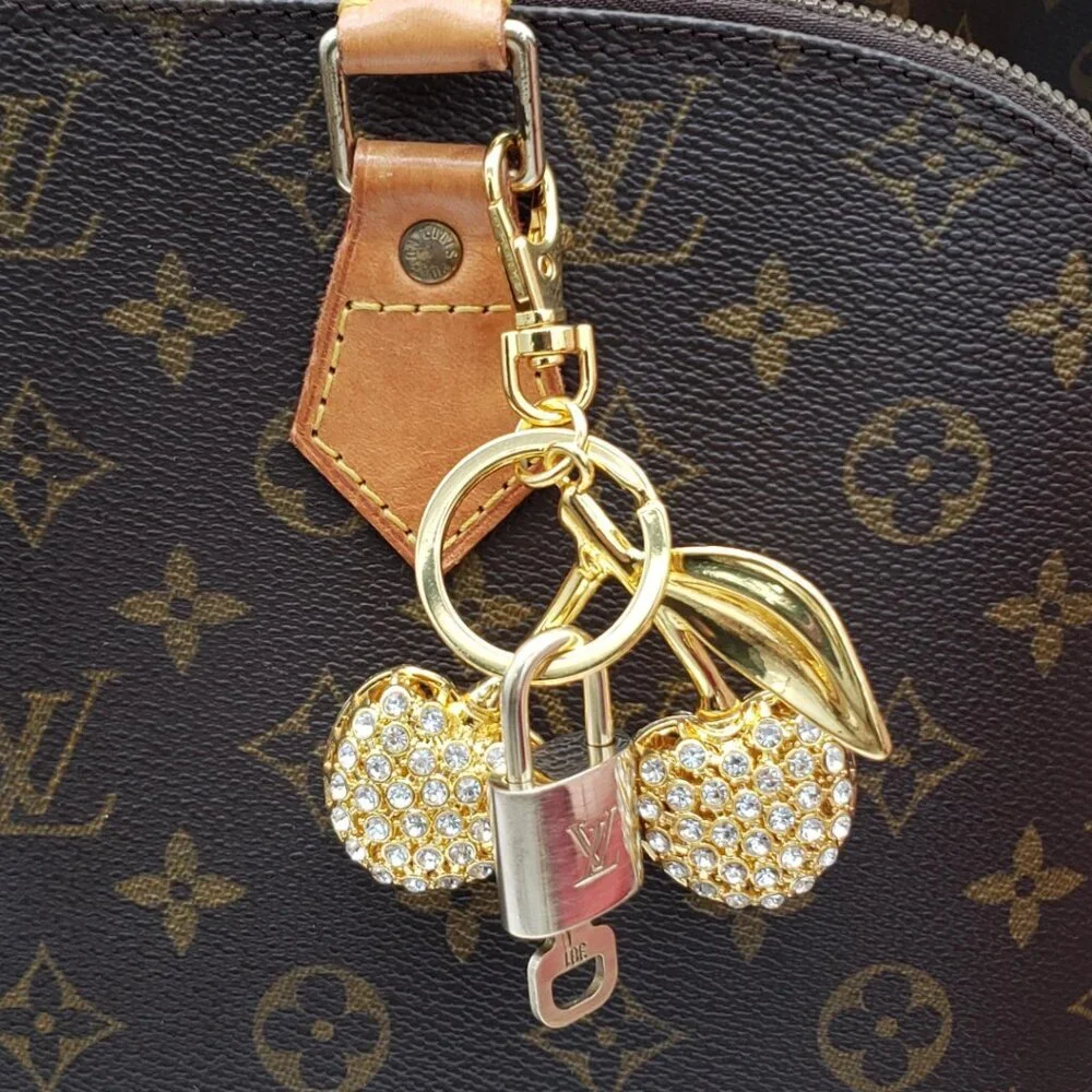 LV Authentic Gold Lock & Key 🔑 Luxury Bag Charm w/ Unbranded Cherry Keychain